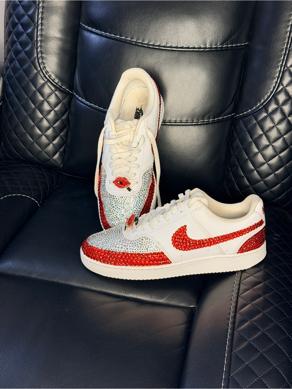 Nike White Sneakers with Red Crystal Swoosh